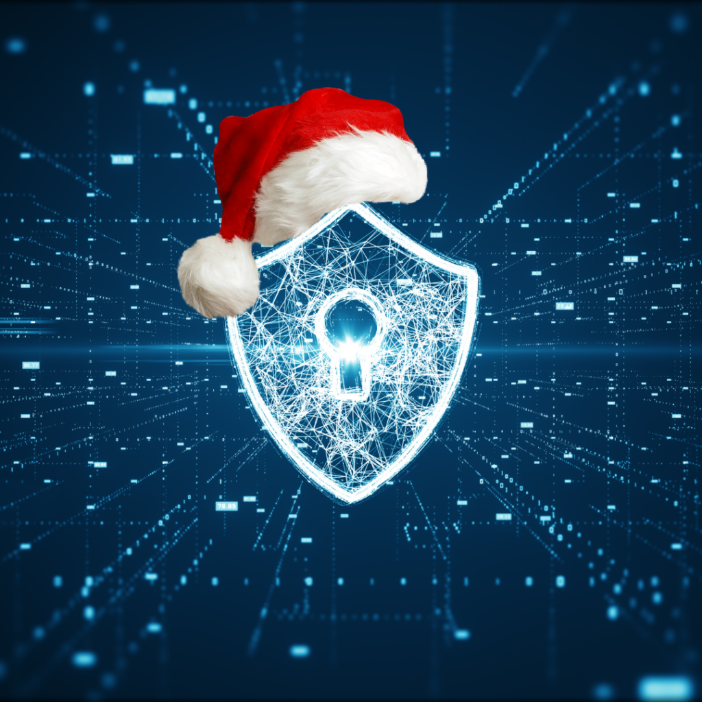 Holiday cyber security concept showing a digital shield wearing a Santa hat, symbolizing protection during the festive season.